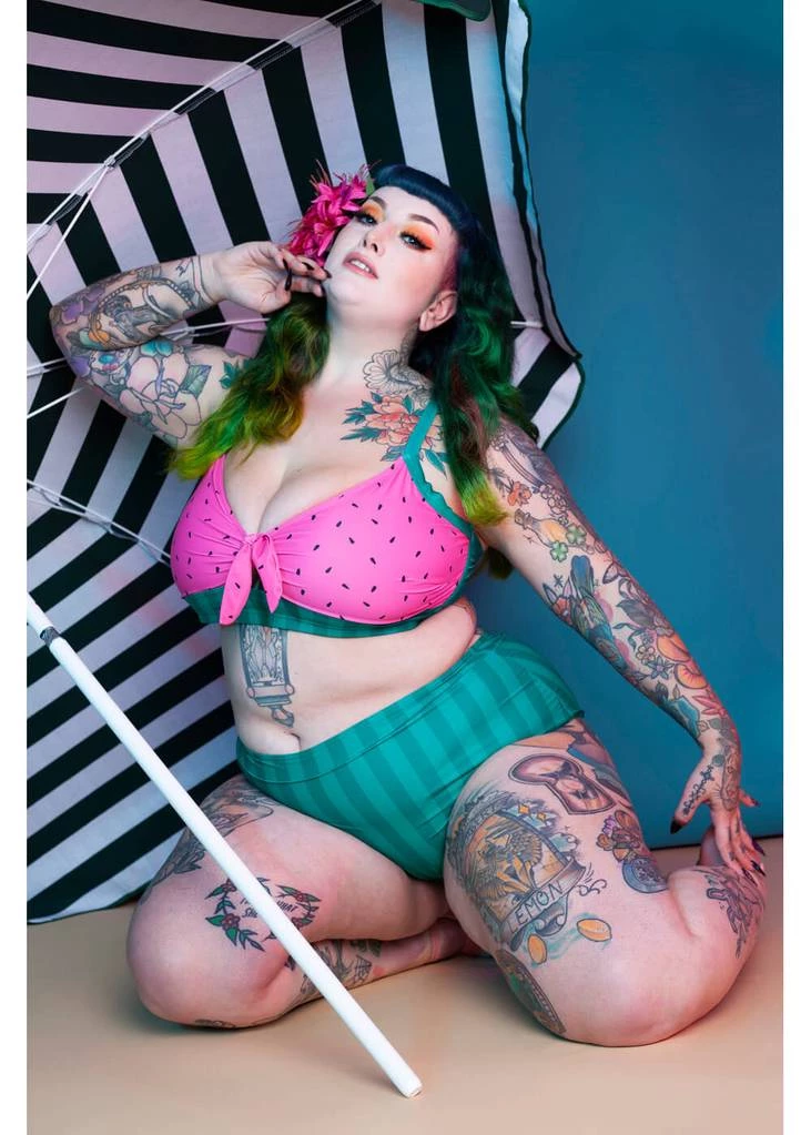 New In Collectif X Playful Promises Watermelon Knot 50's Bikini Top Pink Green