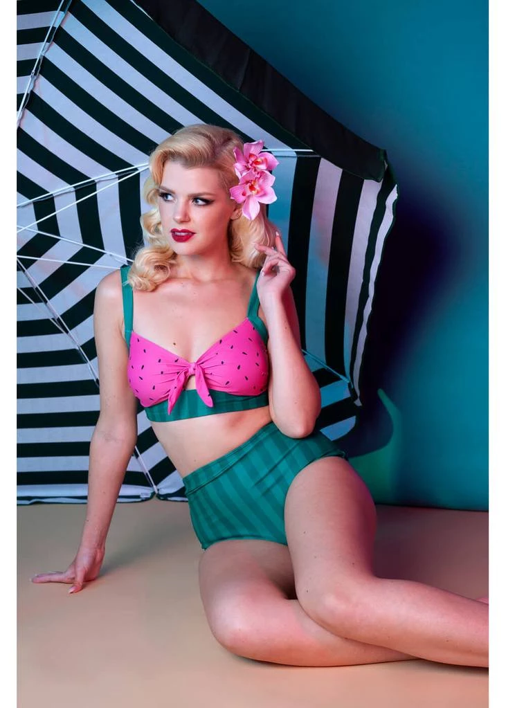 New In Collectif X Playful Promises Watermelon Knot 50's Bikini Top Pink Green