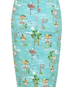 Collectif Kala Motel 50's Pencil Skirt Blue New In