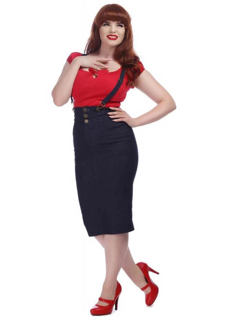 Collectif Nomi Denim Dungaree 50's Pencil Skirt Navy New In