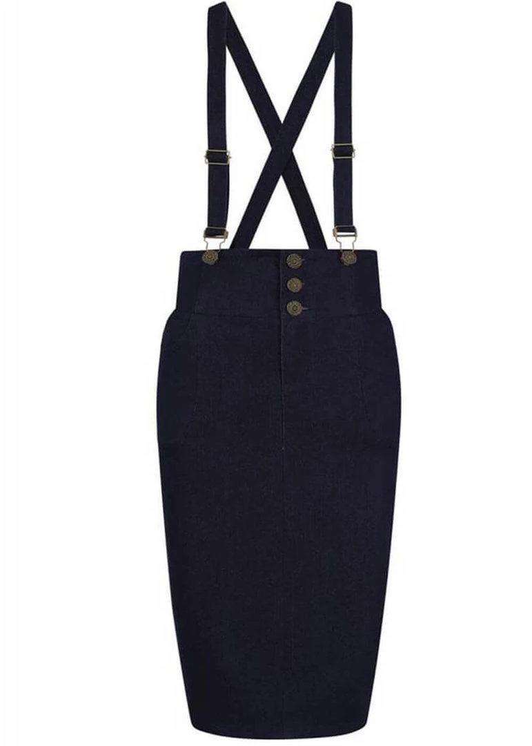 Collectif Nomi Denim Dungaree 50's Pencil Skirt Navy New In