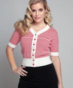 New In Collectif Ludovica Striped 40's Cardigan Red White