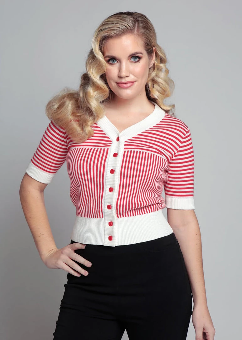 New In Collectif Ludovica Striped 40's Cardigan Red White