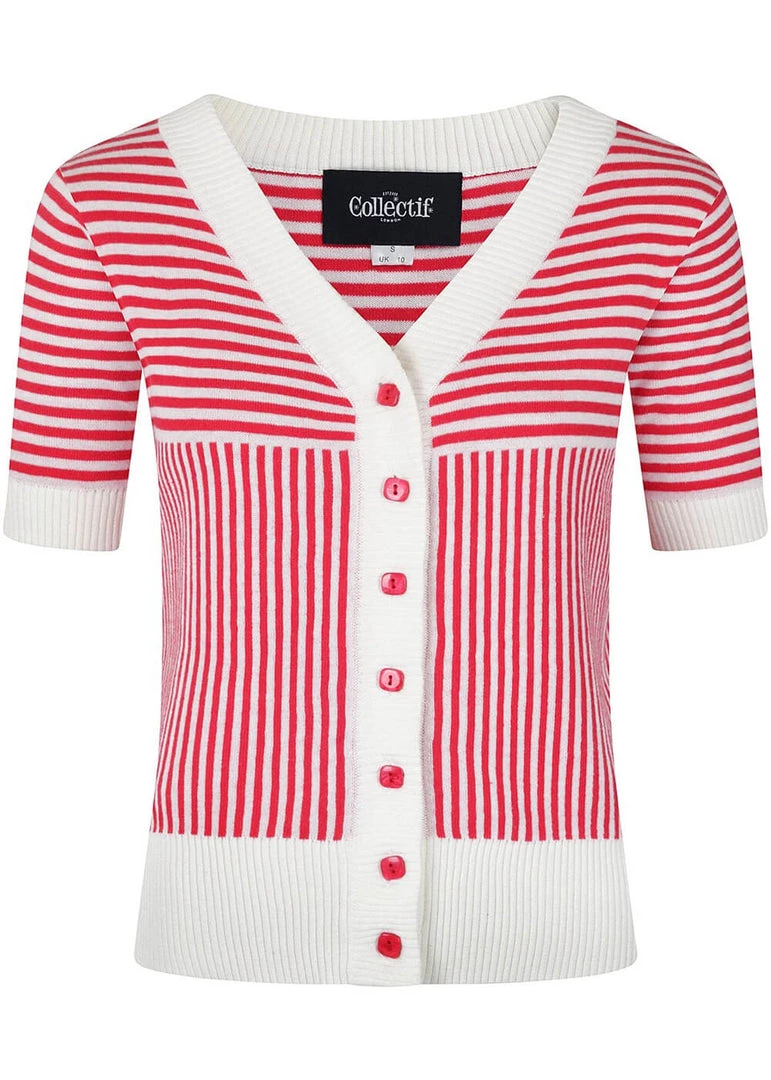 New In Collectif Ludovica Striped 40's Cardigan Red White