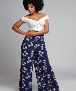 New In Collectif Alizee Palm Beach 70's Trousers Navy