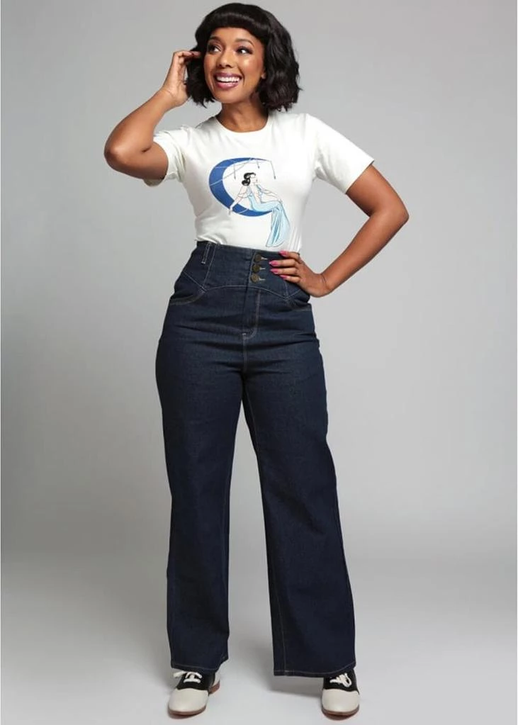 Collectif Rebel Kate Wide Leg 50's Jeans Navy Blue