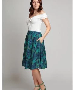 Collectif Mattie Cool Palm 50's Swing Skirt Blue