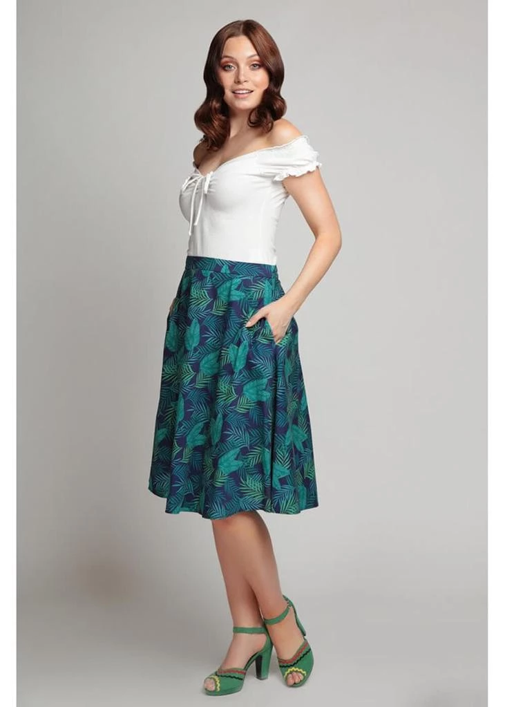 Collectif Mattie Cool Palm 50's Swing Skirt Blue