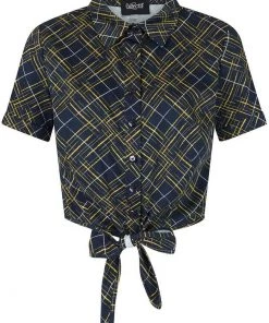 Collectif Sammy Hatch Check 50's Tie Blouse Top Navy New In