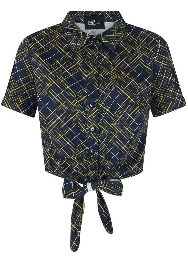 Collectif Sammy Hatch Check 50's Tie Blouse Top Navy New In