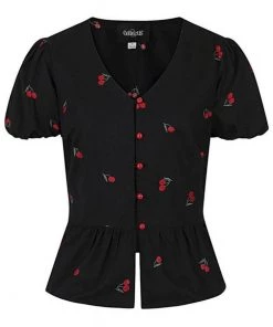 Collectif Mimma Mimi Cherries 40's Blouse Black New In