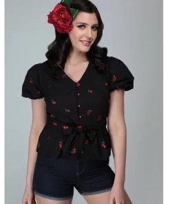 Collectif Mimma Mimi Cherries 40's Blouse Black New In