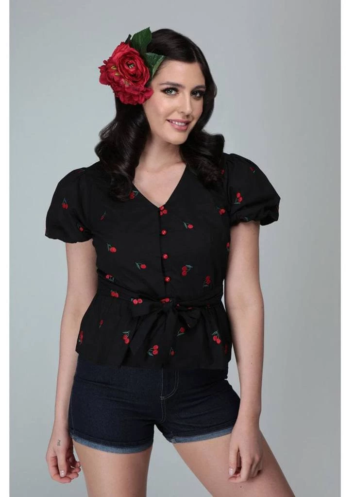 Collectif Mimma Mimi Cherries 40's Blouse Black New In