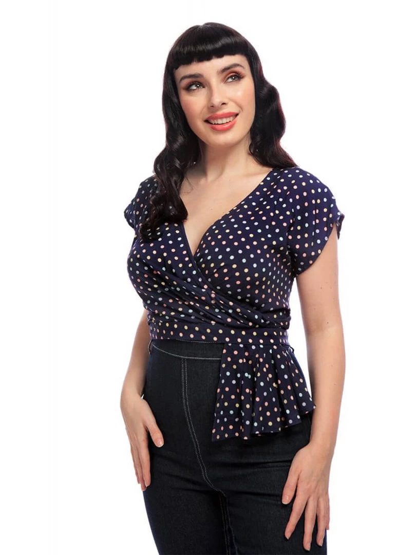 Collectif Maryann Rainbow Polkadot 40's Top Navy New In