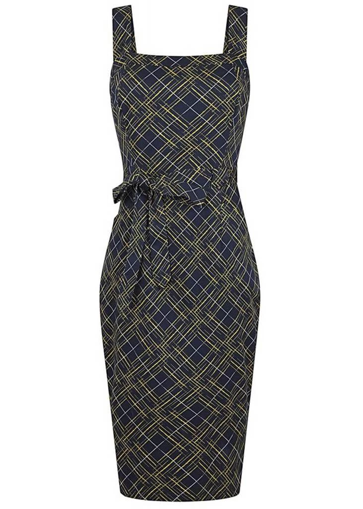 New In Collectif Tess Hatch Check 40's Pencil Dress Navy