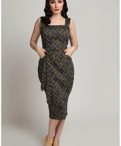 New In Collectif Tess Hatch Check 40's Pencil Dress Navy