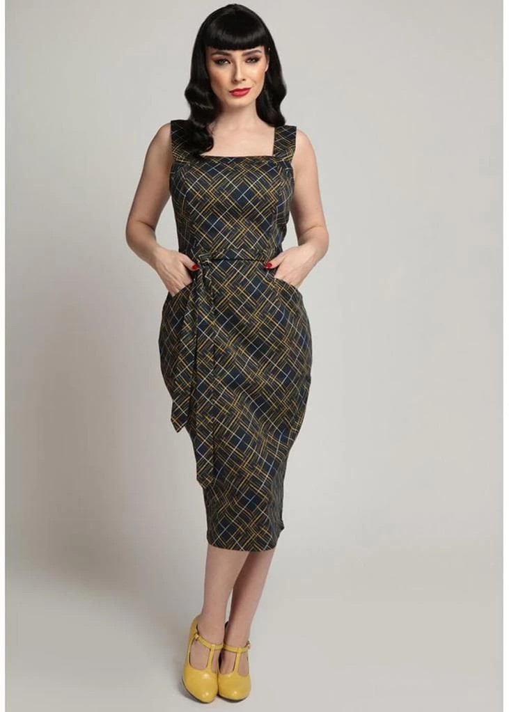 New In Collectif Tess Hatch Check 40's Pencil Dress Navy