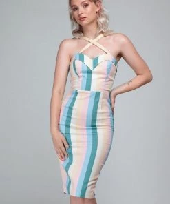 Collectif Kiana Teacup Stripe 50's Pencil Dress Multi New In