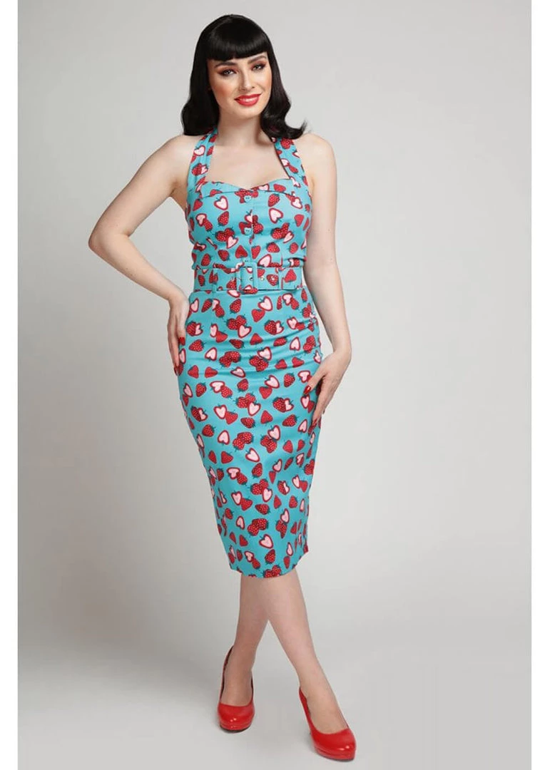 Collectif Wanda Strawberry 50's Pencil Dress Blue