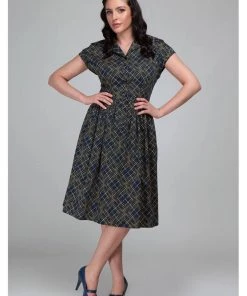 Collectif Judy Hatch Check 60's Swing Dress Navy New In