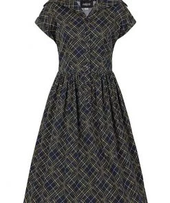 Collectif Judy Hatch Check 60's Swing Dress Navy New In