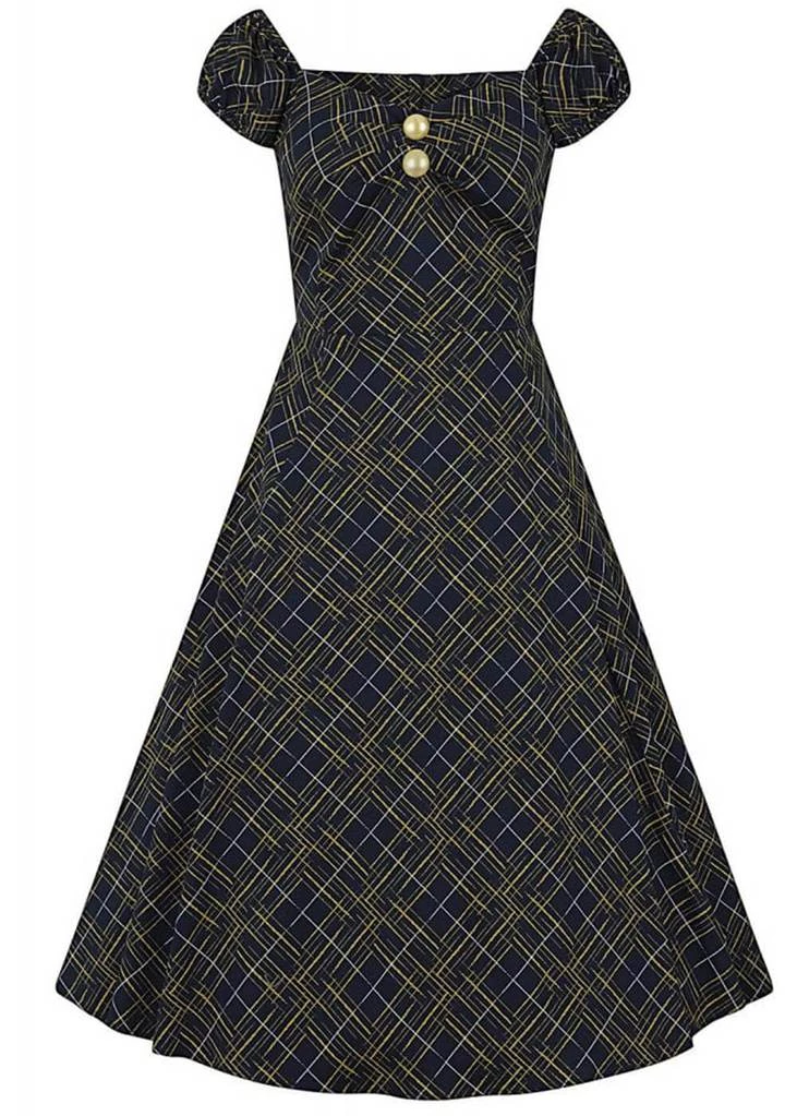 Collectif Dolores Hatch Check 50's Swing Dress Navy New In