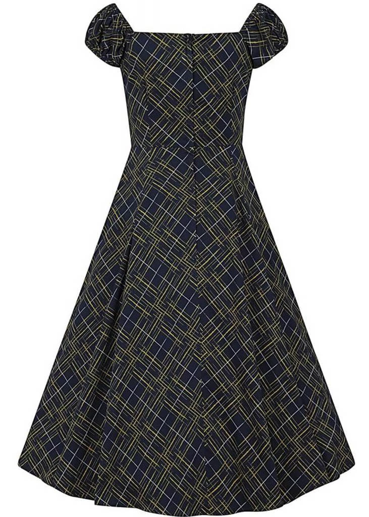Collectif Dolores Hatch Check 50's Swing Dress Navy New In