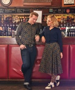 Collectif Dolores Hatch Check 50's Swing Dress Navy New In