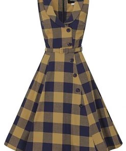 New In Collectif Sara Forest Check 50's Swing Jurk Navy Mosterd
