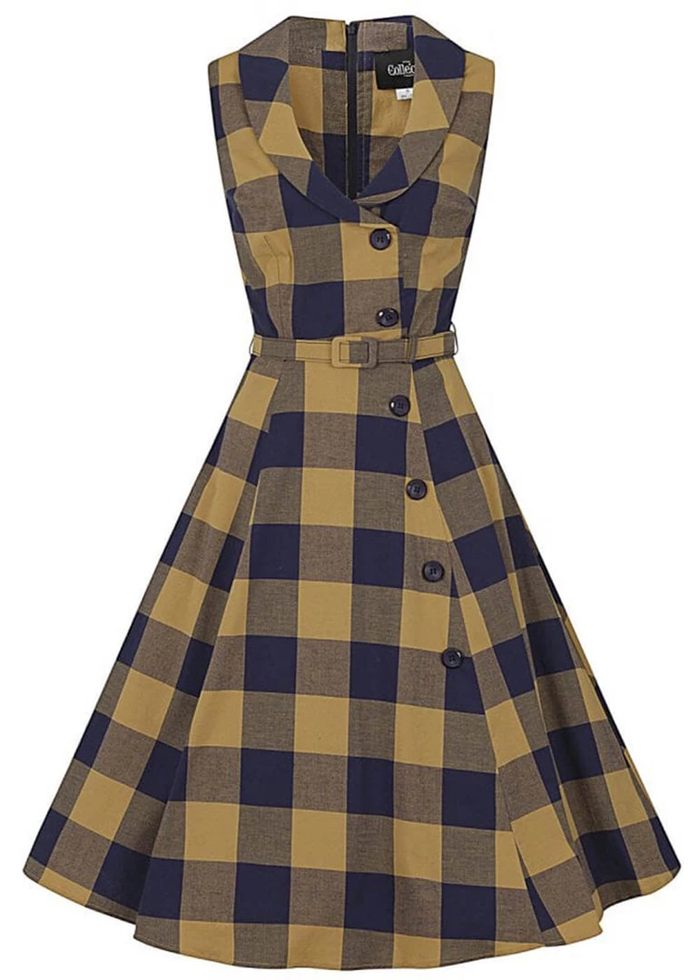 New In Collectif Sara Forest Check 50's Swing Jurk Navy Mosterd
