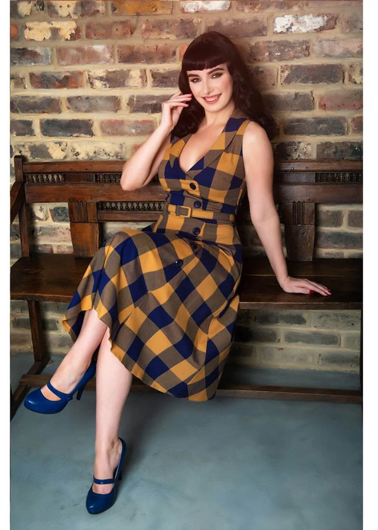 New In Collectif Sara Forest Check 50's Swing Jurk Navy Mosterd