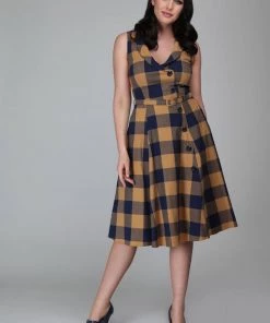 New In Collectif Sara Forest Check 50's Swing Jurk Navy Mosterd