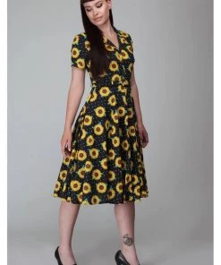 Collectif Caterina Sunflower 50's Swing Dress Black New In
