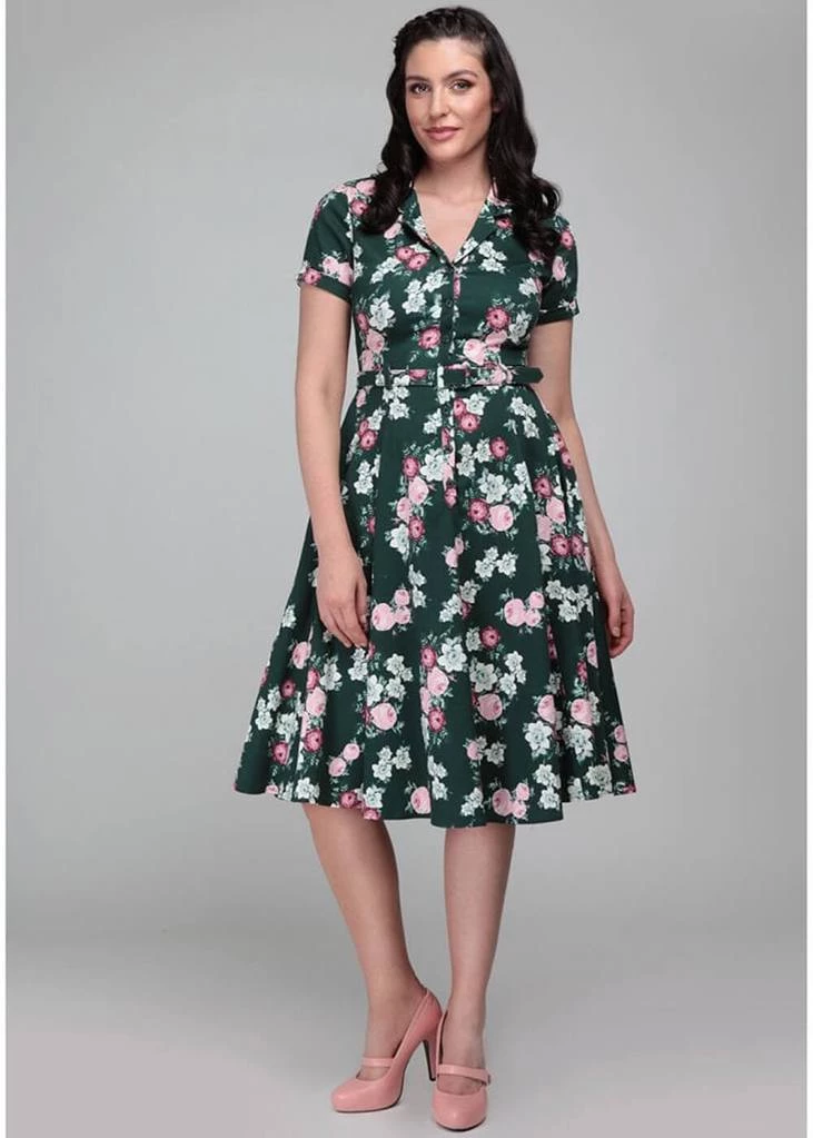 Collectif Caterina Vintage Bloom 40's Swing Dress Green