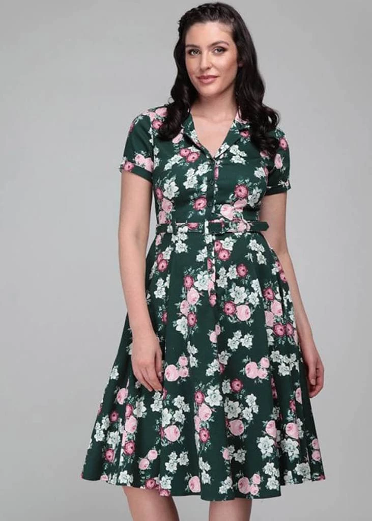 Collectif Caterina Vintage Bloom 40's Swing Dress Green