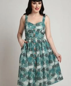 Collectif Jemima Cool Palm 50's Swing Dress Green