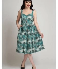 Collectif Jemima Cool Palm 50's Swing Dress Green