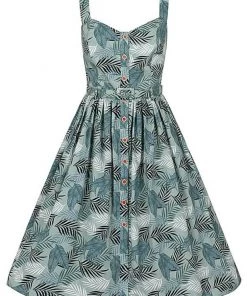 Collectif Jemima Cool Palm 50's Swing Dress Green