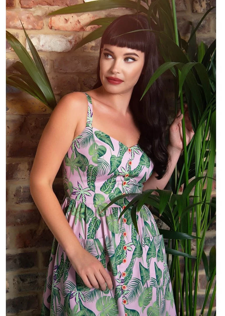 Collectif Kimberly Pink Forest 50's Swing Dress Pink New In