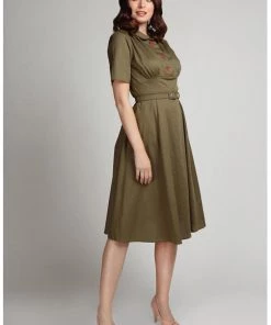 New In Collectif Doriane Strawberry 40's Swing Dress Green