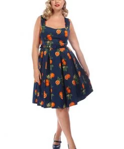 Collectif Jill Oranges 50's Swing Dress Navy New In