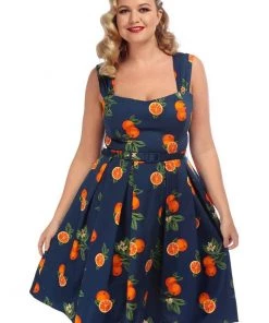 Collectif Jill Oranges 50's Swing Dress Navy New In