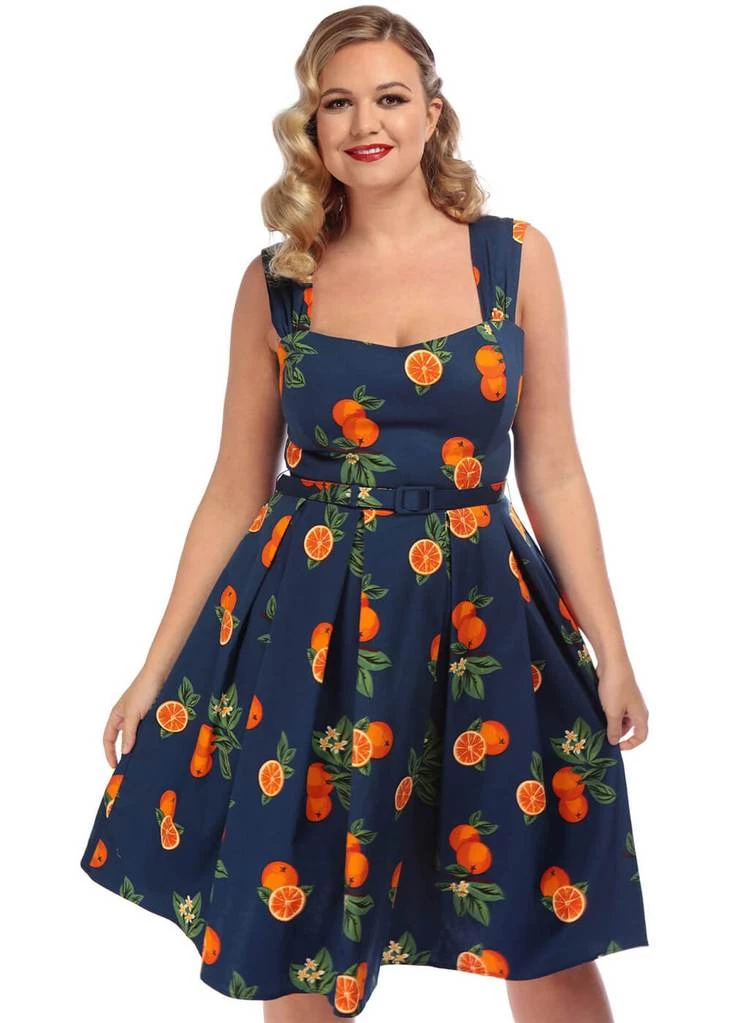 Collectif Jill Oranges 50's Swing Dress Navy New In