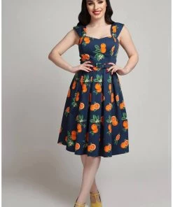 Collectif Jill Oranges 50's Swing Dress Navy New In