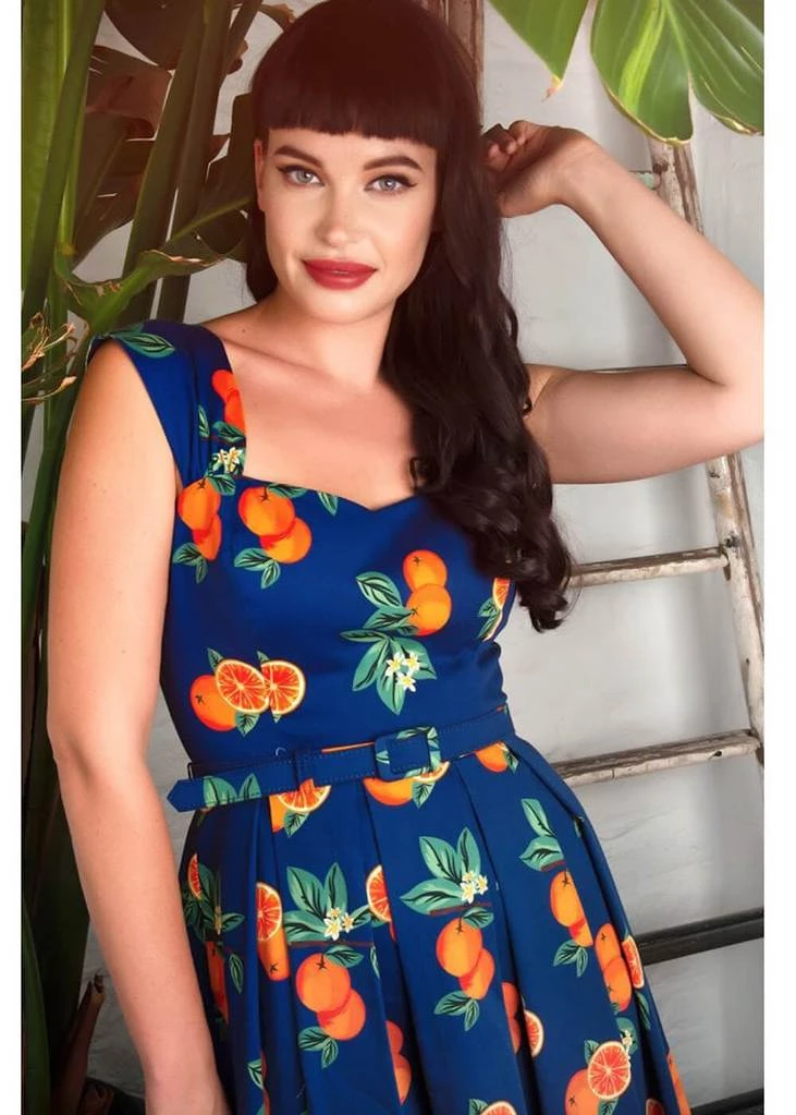 Collectif Jill Oranges 50's Swing Dress Navy New In