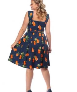 Collectif Jill Oranges 50's Swing Dress Navy New In