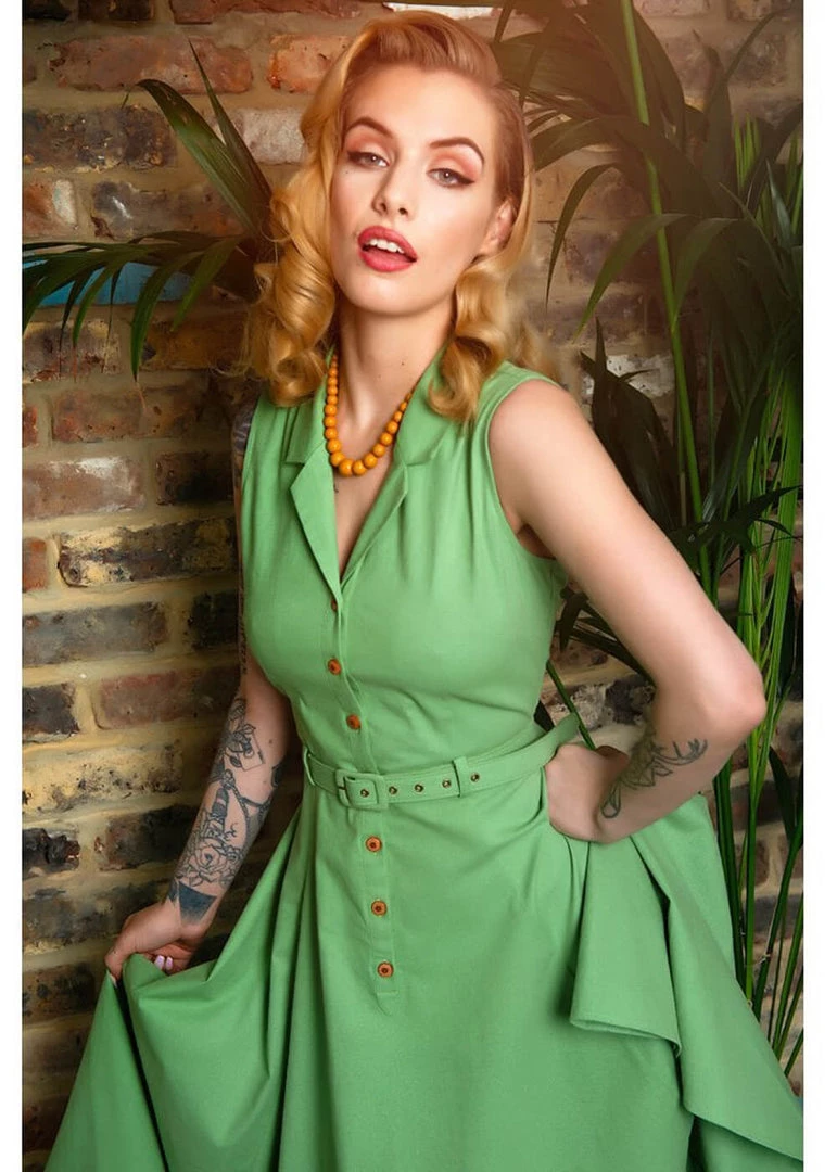 New In Collectif Caterina 50's Sleeveless Swing Dress Green