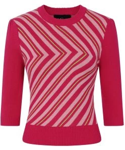 Collectif Christie V-Stripe 40's Top Raspberry Pink New In