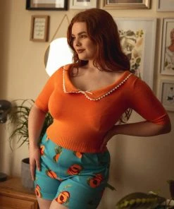 New In Collectif Babette Heart Trim 50's Jumper Orange Colour