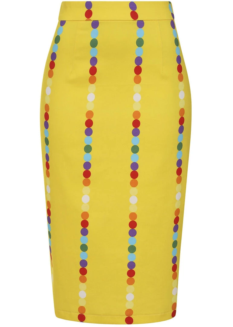 New In Collectif Polly Rainbow Polka Stripe 50's Pencil Skirt Yellow